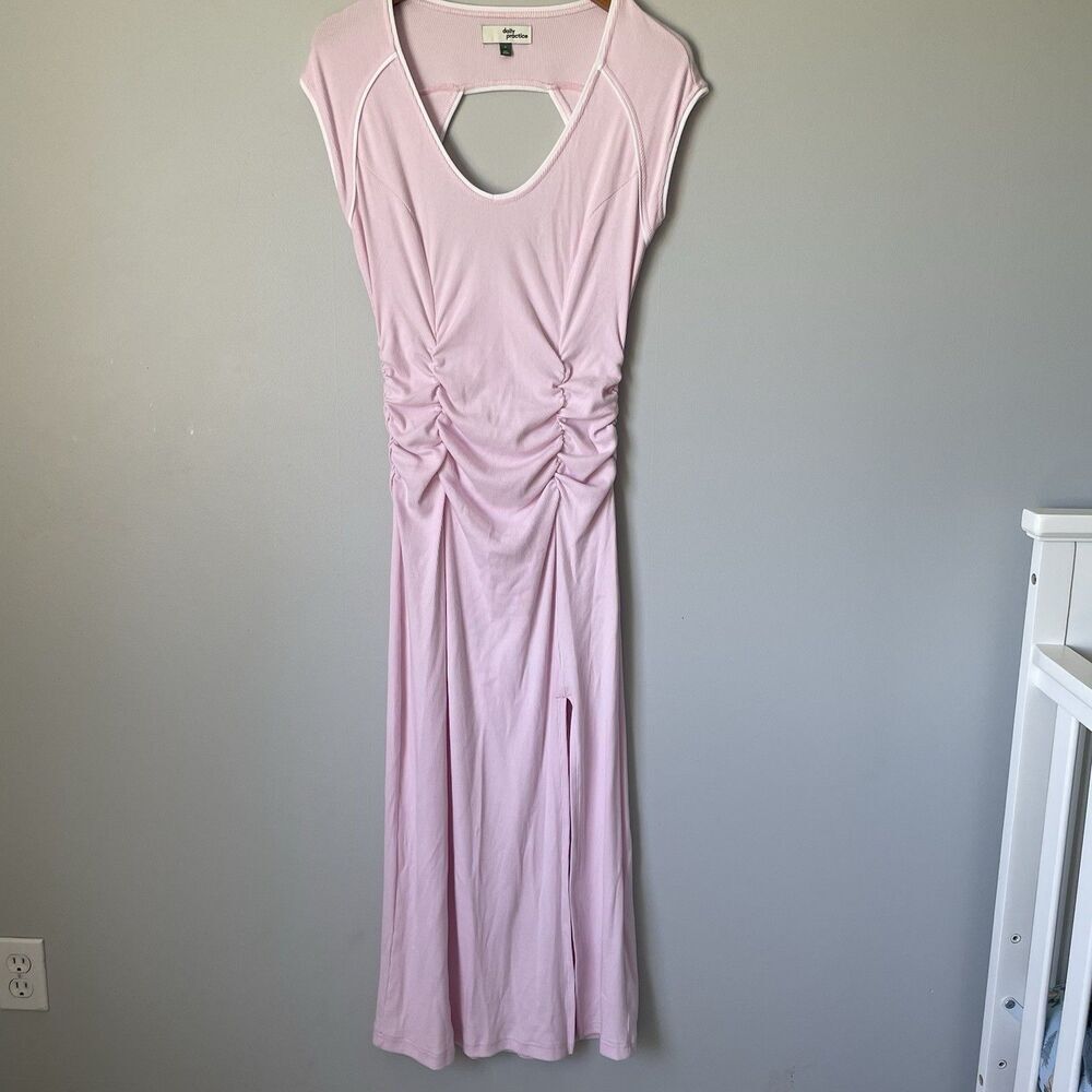 Daily Practice Line It Up V-Neck Maxi Dress Pink White Ribbed Size Medium